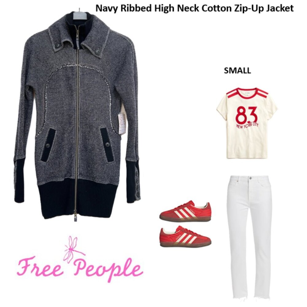 Free People Navy Ribbed High Neck Cotton Zip-Up Long Jacket
